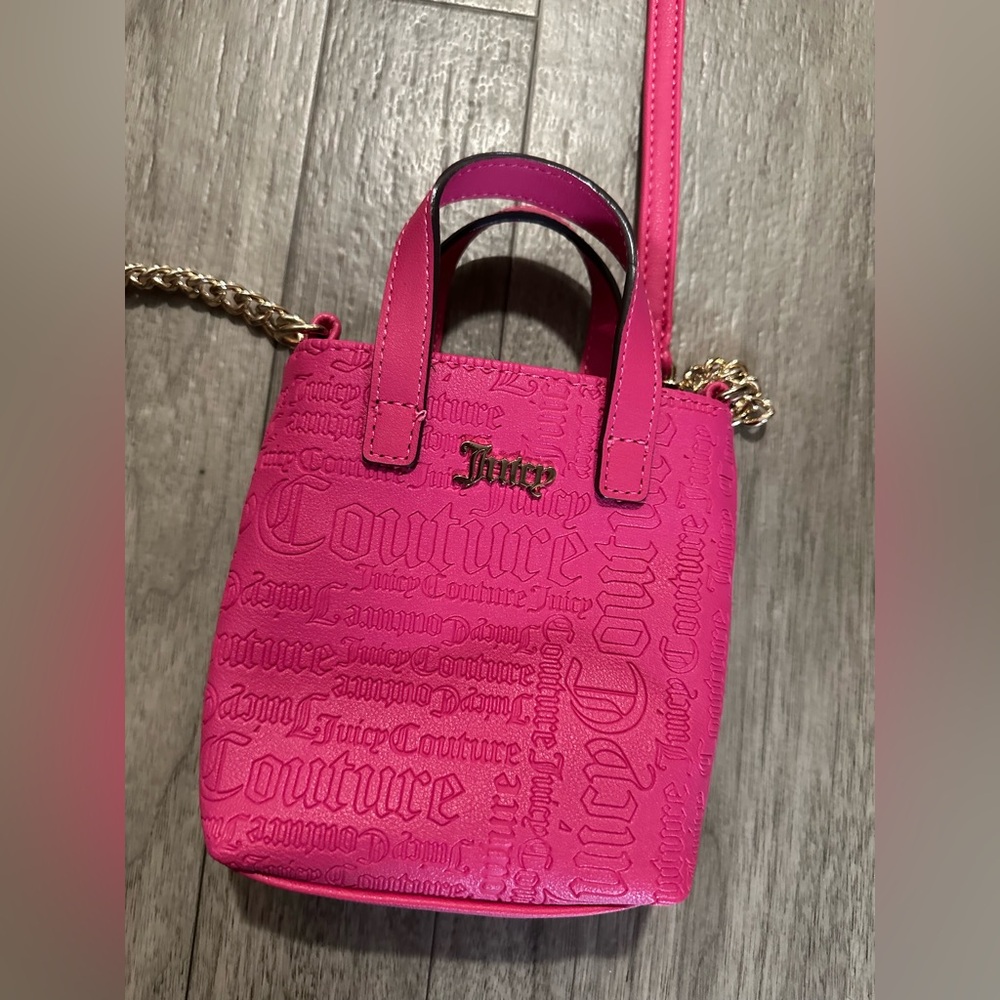 Juicy Couture Bright Pink Embossed Mini Tote with Gold Chain